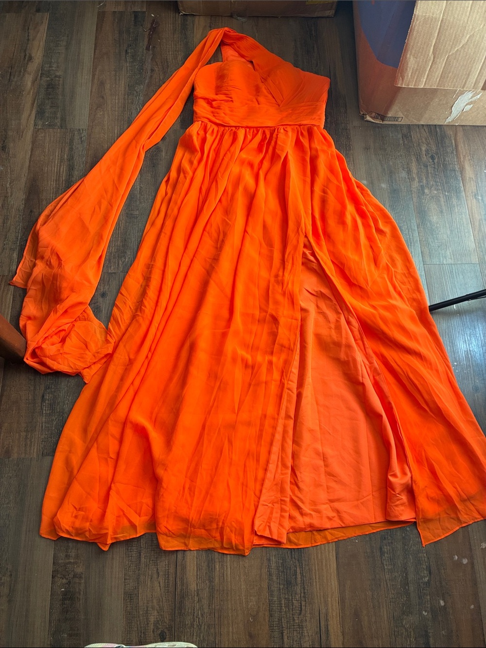 One-Shoulder Orange Chiffon Maxi Dress